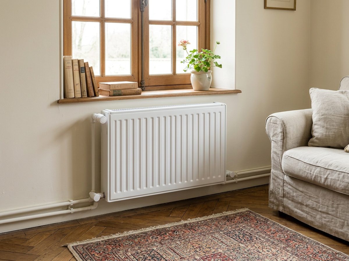 Radiateur eau chaude installé sous une fenêtre dans une pièce à vivre