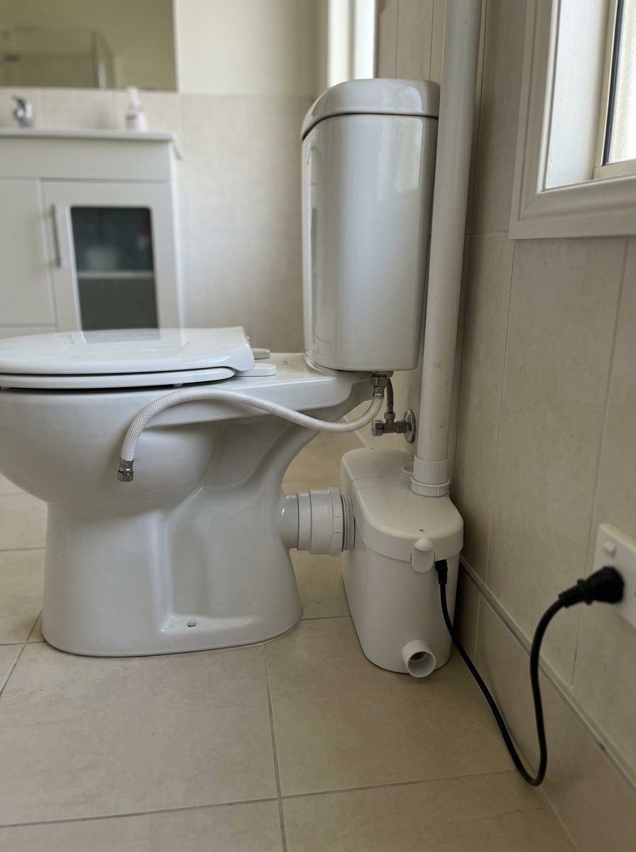 Sanibroyeur Saniaccess 3 posé par un plombier, évacuation PVC et robinet d'arrêt raccordés