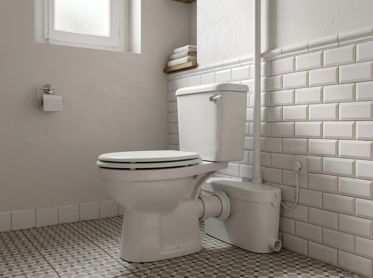 Sanibroyeur Saniaccess 3 installé derrière une cuvette dans une petite salle d'eau