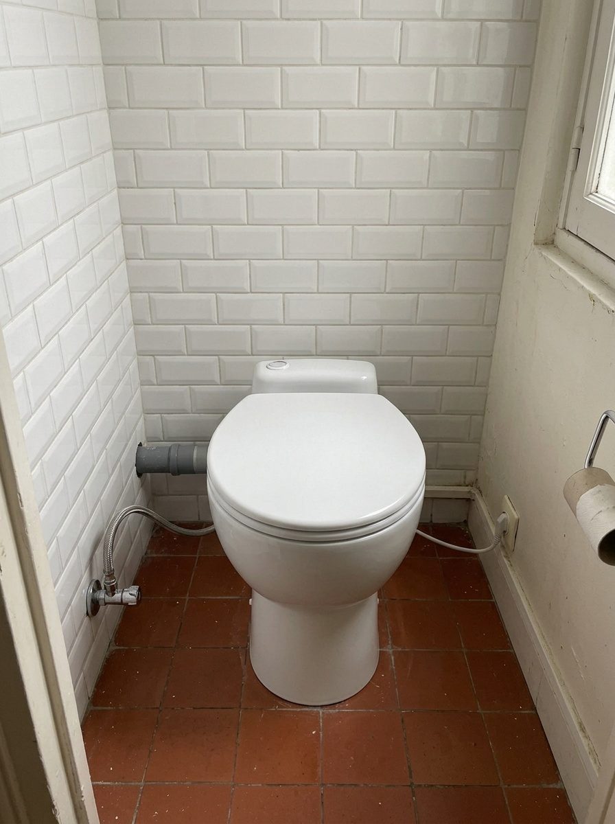 WC broyeur posé par un plombier, arrivée d'eau et évacuation raccordées