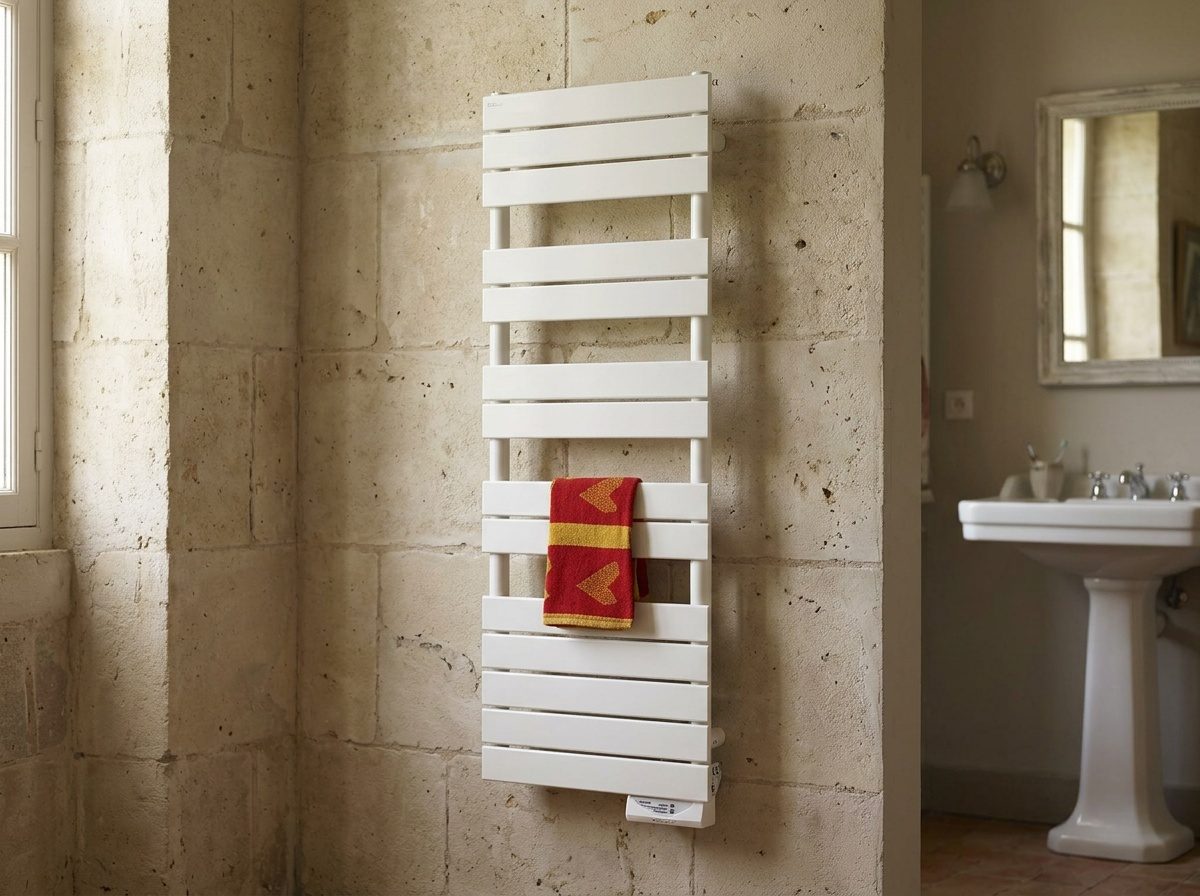 Sèche-serviette électrique installé au mur d'une salle de bains