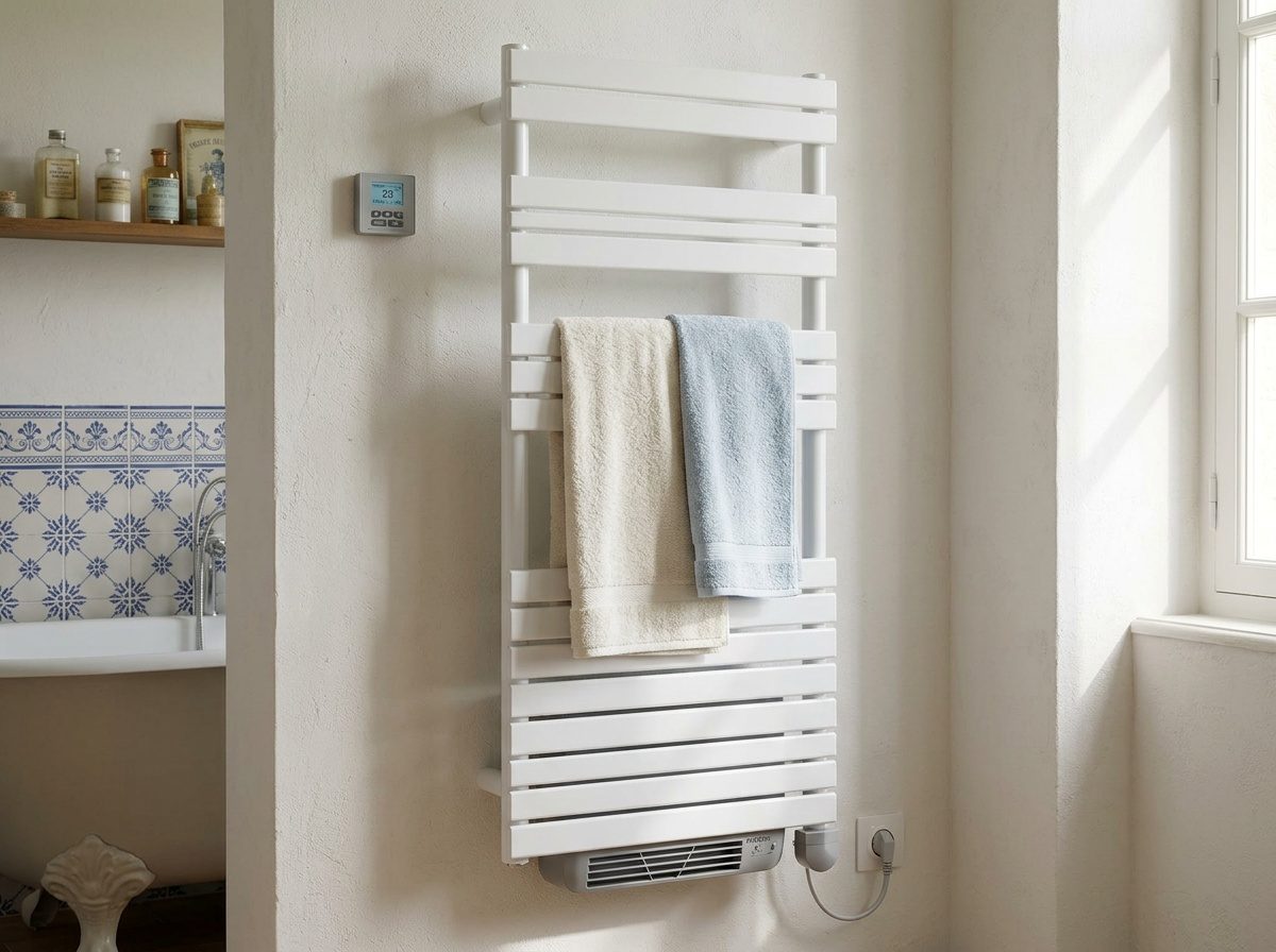 Sèche-serviette électrique posé au mur d'une salle de bain