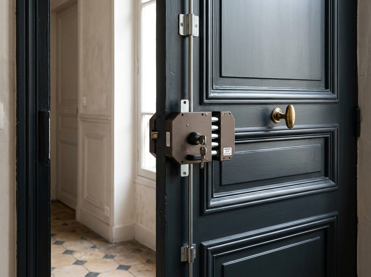 Serrure 3 points en applique posée sur la face intérieure d'une porte d'entrée