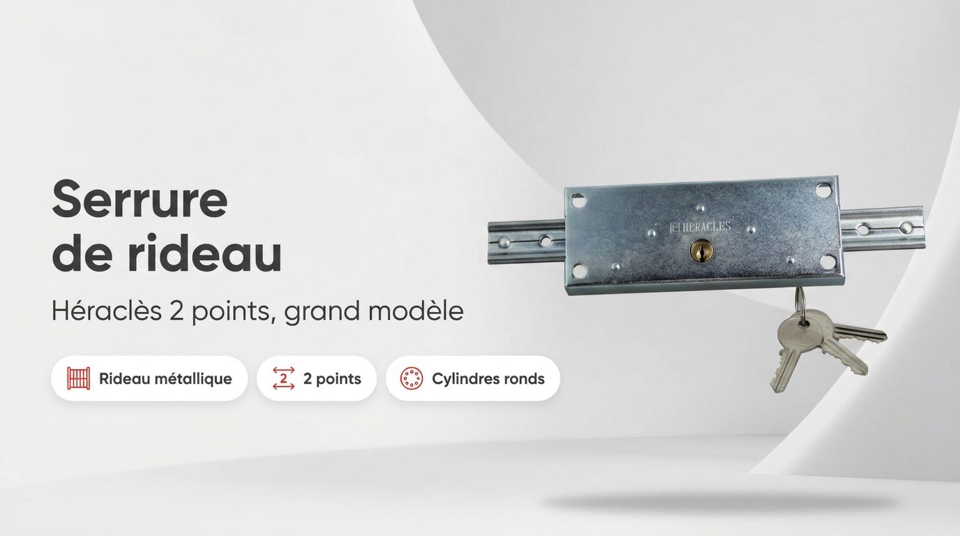 Serrure 2 points de rideau métallique à cylindre rond installée sur le tablier d'un commerce