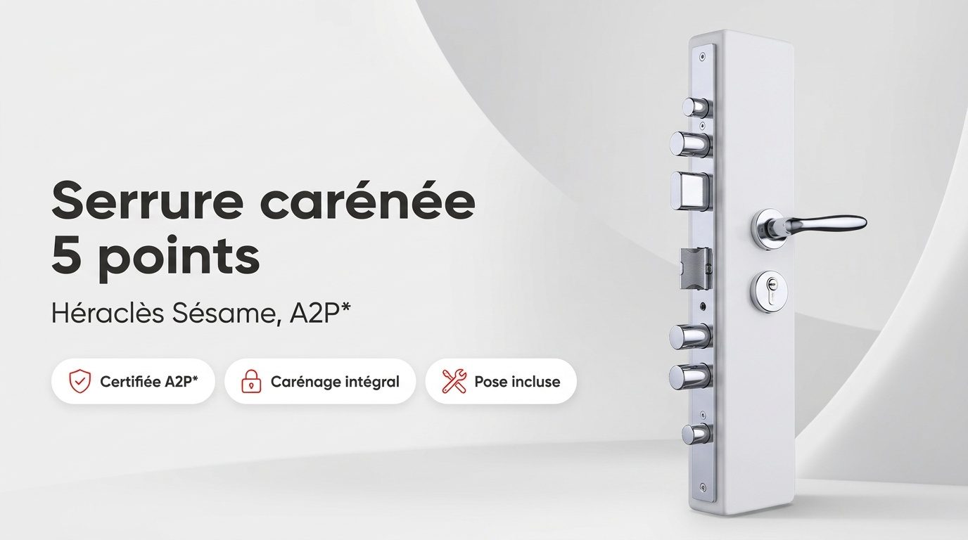 Serrure carénée 5 points A2P Héraclès Sésame avec son carénage et ses clés
