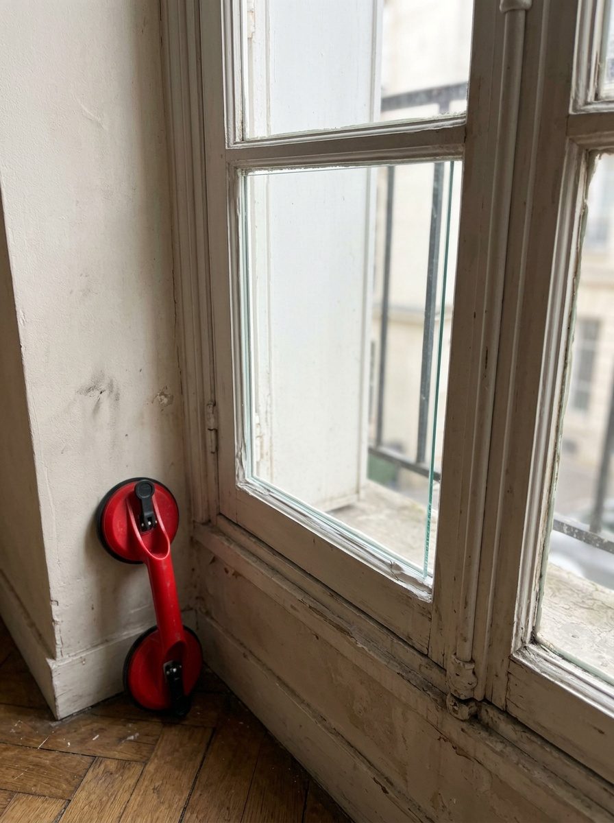 Vitrier posant une vitre neuve dans le châssis d'une fenêtre