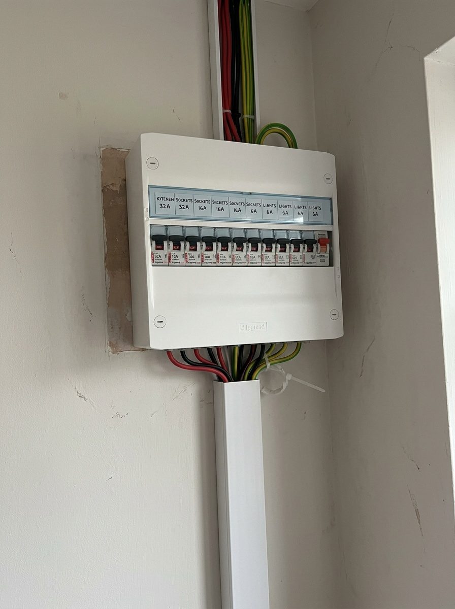 Électricien raccordant les circuits d'un tableau Legrand Drivia, repérage des départs
