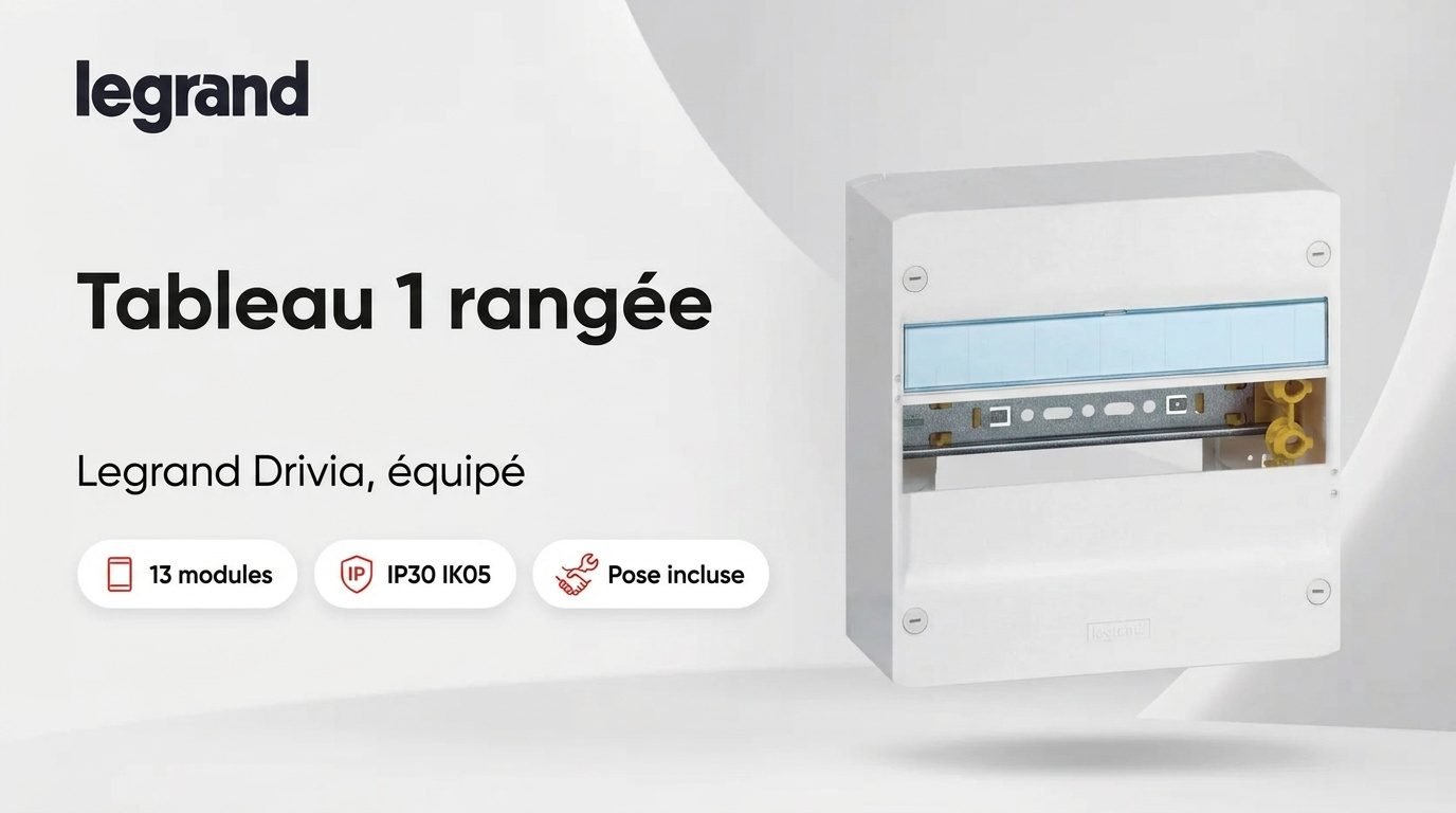 Tableau électrique Legrand Drivia 1 rangée équipé de son différentiel, ses disjoncteurs et ses peignes