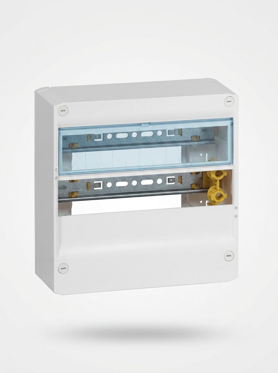 Coffret Legrand Drivia 13 modules blanc vu de face, rail DIN et bornier de terre