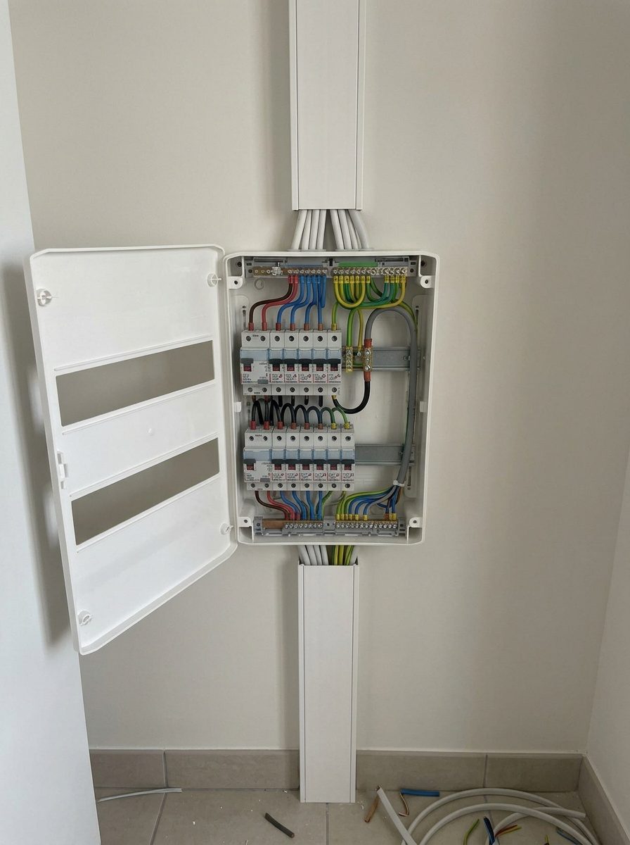 Électricien raccordant les circuits sur un tableau Drivia, repérage et serrage des bornes