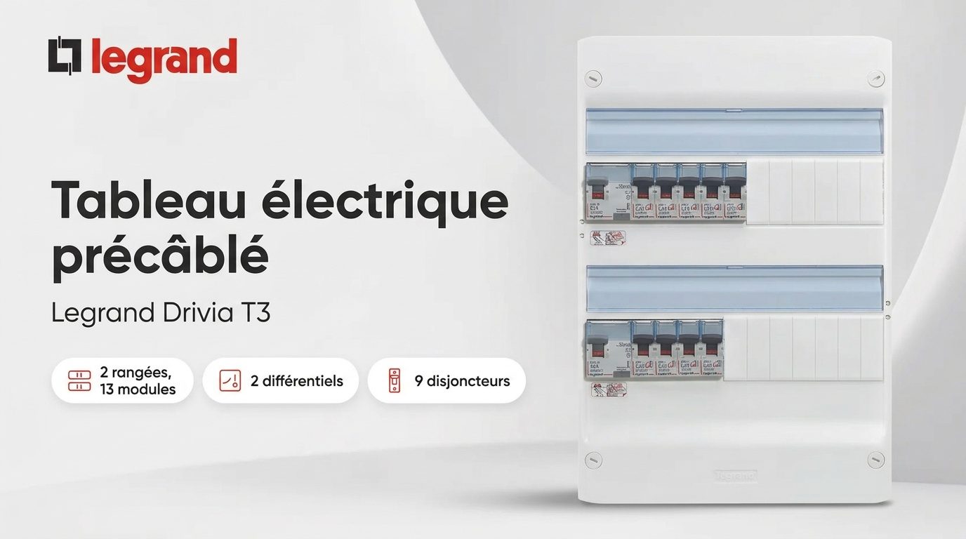 Tableau électrique Legrand Drivia T3 précâblé, deux rangées de disjoncteurs et interrupteurs différentiels