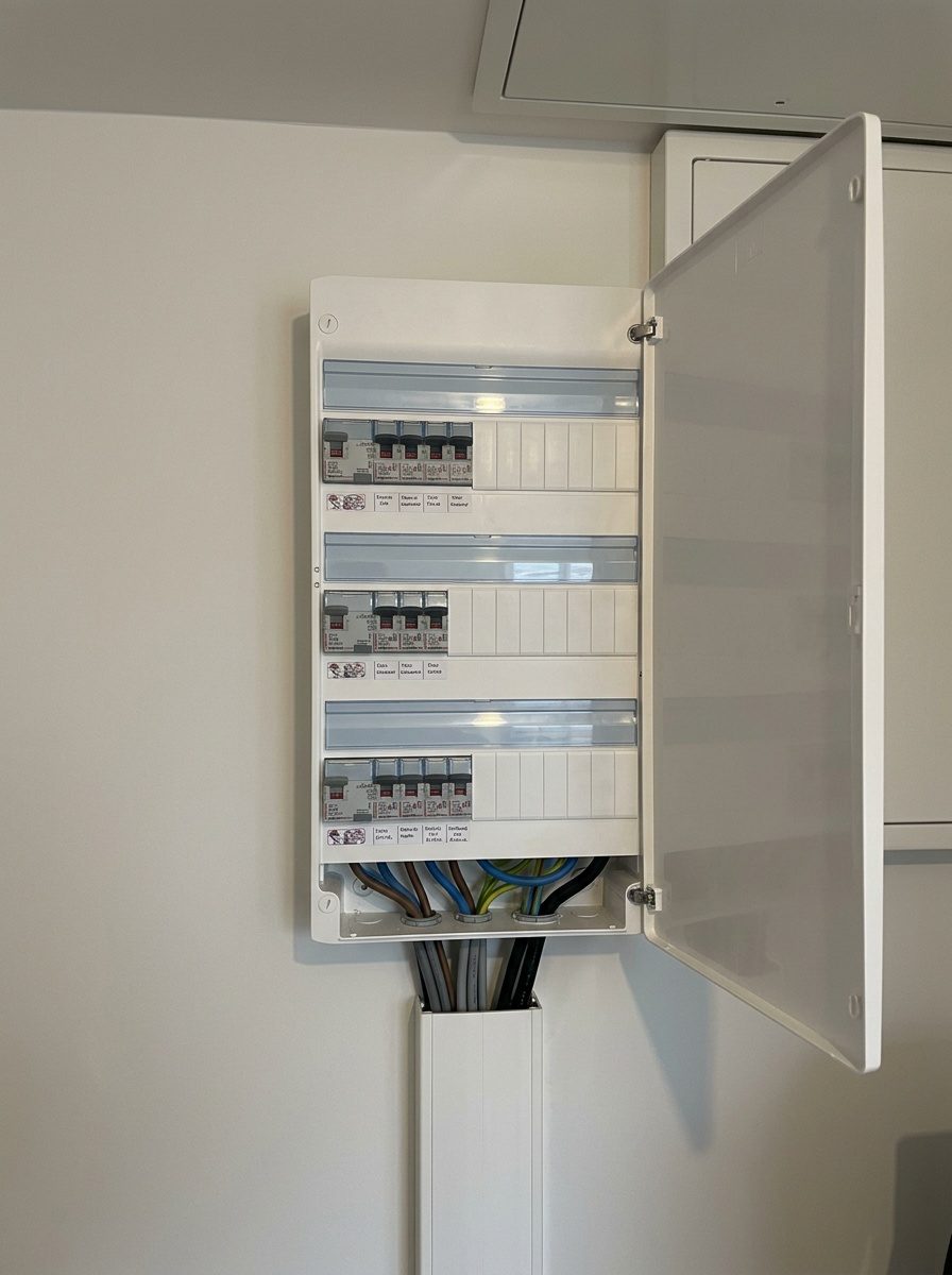 Électricien raccordant un tableau Drivia T4, circuits transférés et étiquetés