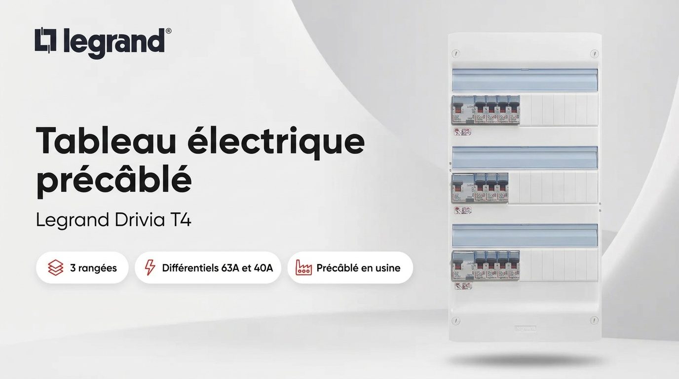 Tableau électrique précâblé Legrand Drivia T4 à 3 rangées, interrupteurs différentiels et disjoncteurs