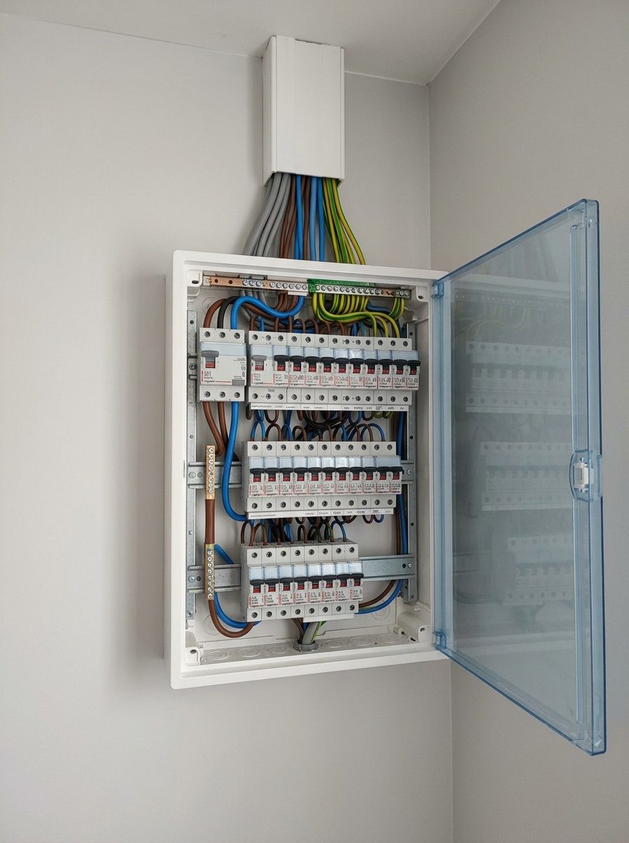 Tableau électrique posé par un électricien, circuits repérés et raccordés
