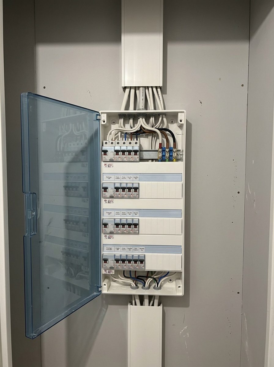 Tableau électrique posé par un électricien, circuits repérés et raccordés