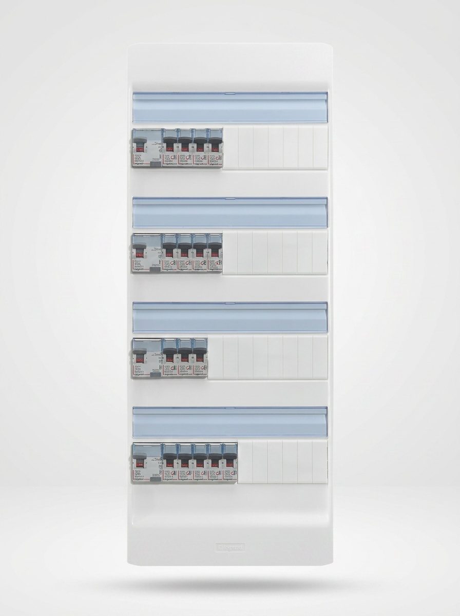 Coffret Drivia T6 vu de face, 4 rangées de disjoncteurs et différentiels