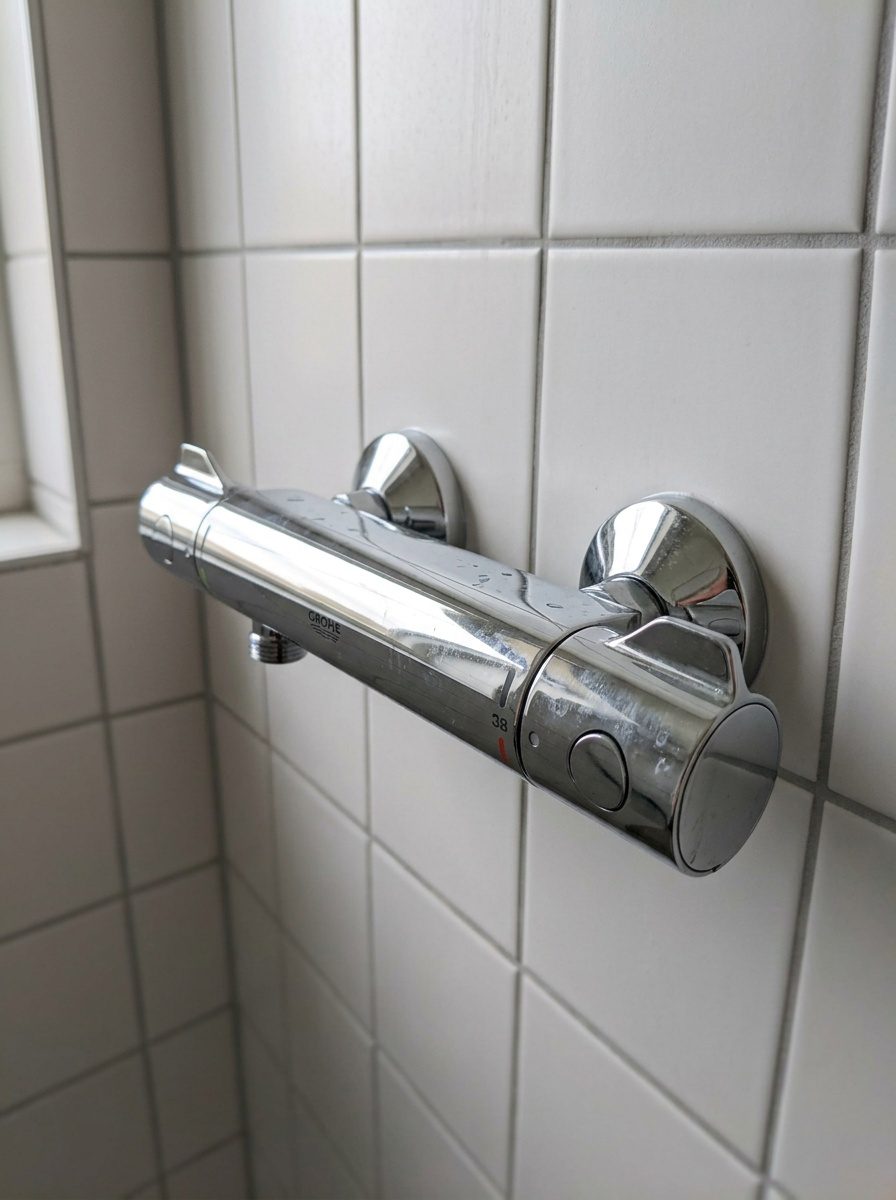 Plombier réglant la butée de sécurité d'un mitigeur thermostatique de douche