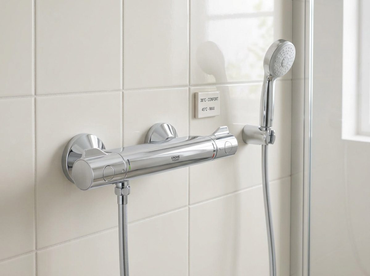 Mitigeur thermostatique posé sur le mur d'une douche, prêt à l'emploi