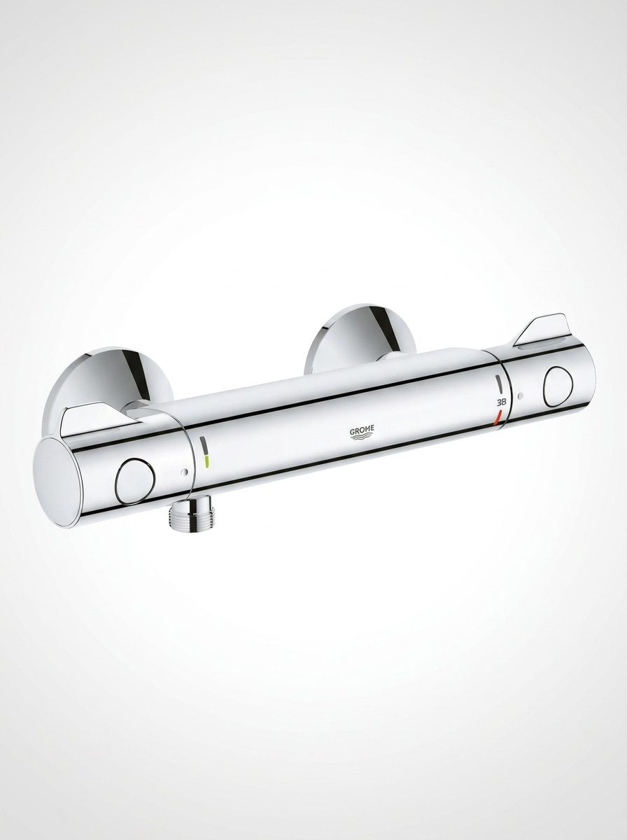 Mitigeur thermostatique GROHE vu de face, finition chromée brillante et commandes séparées