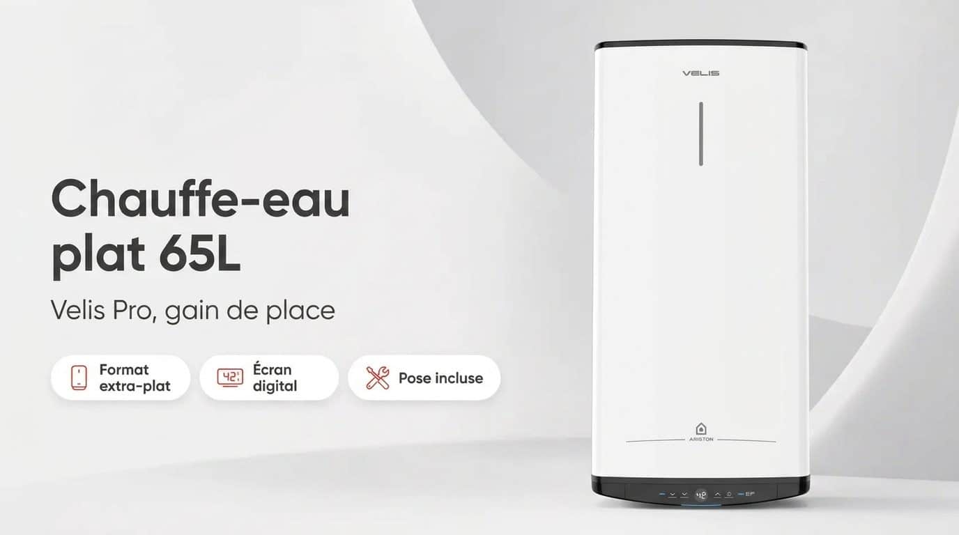 Chauffe-eau électrique plat Ariston Velis Pro 65 litres de face, format mural blanc