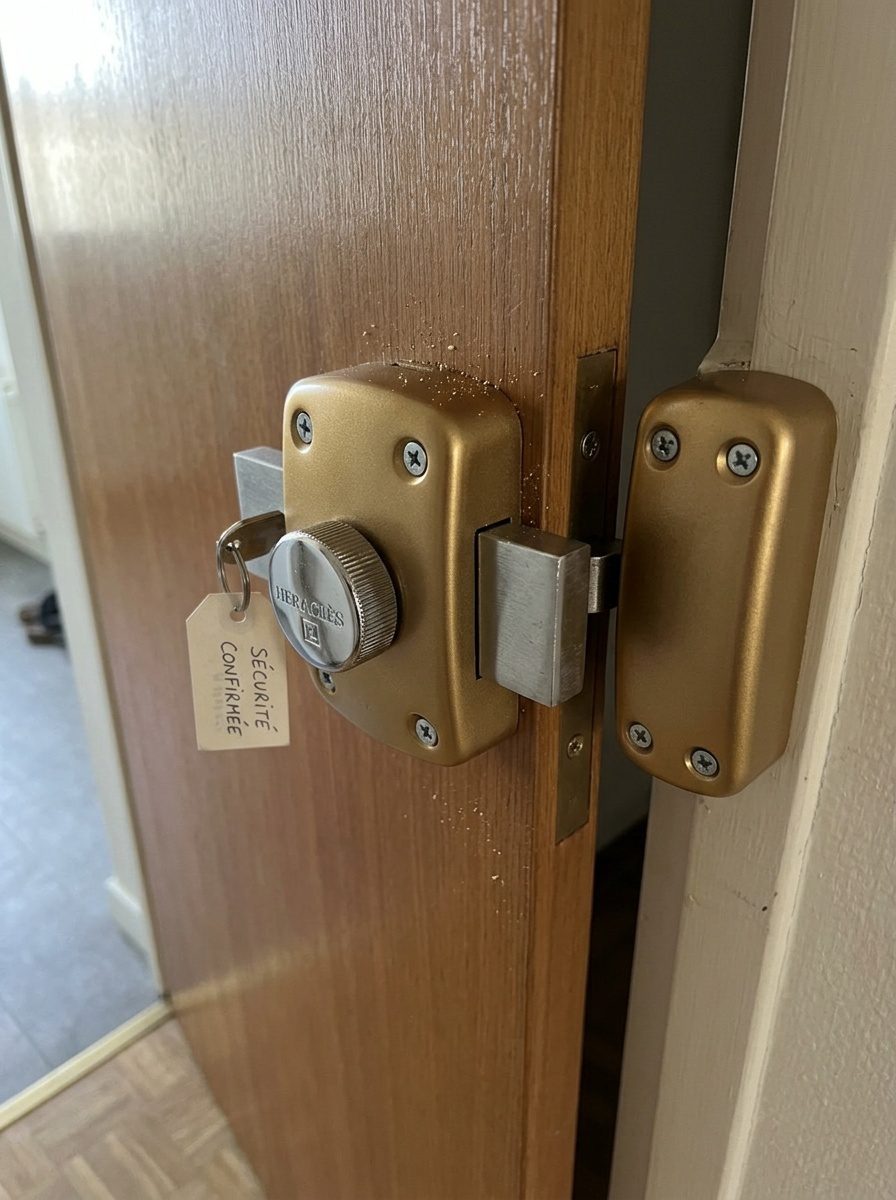Verrou à bouton posé par un serrurier, gâche vissée sur le dormant