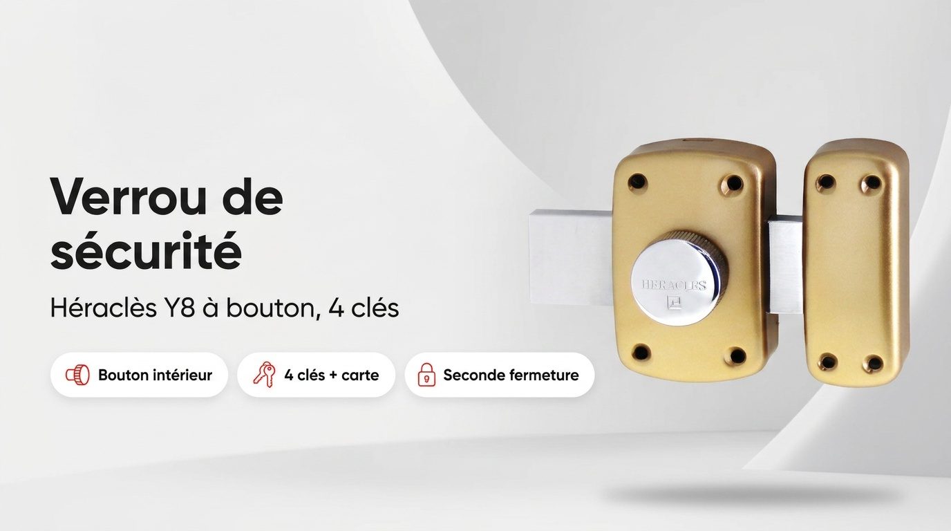 Verrou de sécurité à bouton Héraclès Y8 doré posé sur une porte d'entrée