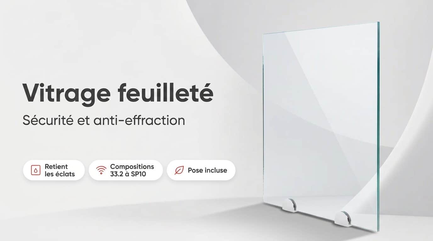 Panneau de verre feuilleté sur mesure vu en coupe, montrant les deux verres et le film intercalaire