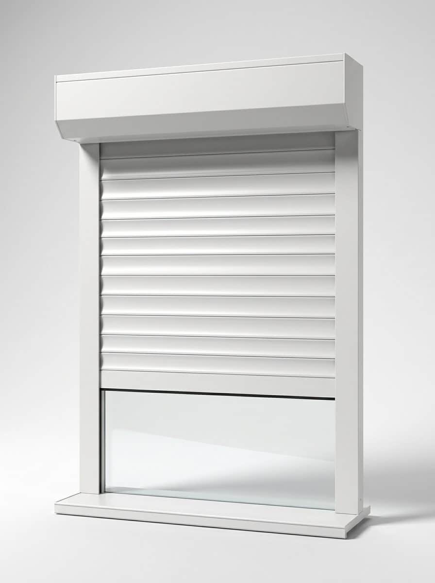 Tablier de volet roulant en lames d'aluminium et coffre monobloc vus de près