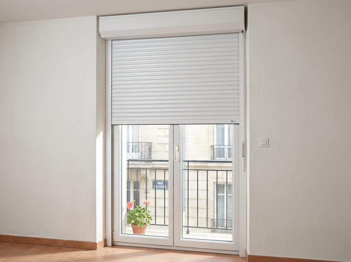 Volet roulant PVC installé sur une fenêtre en position semi-fermée