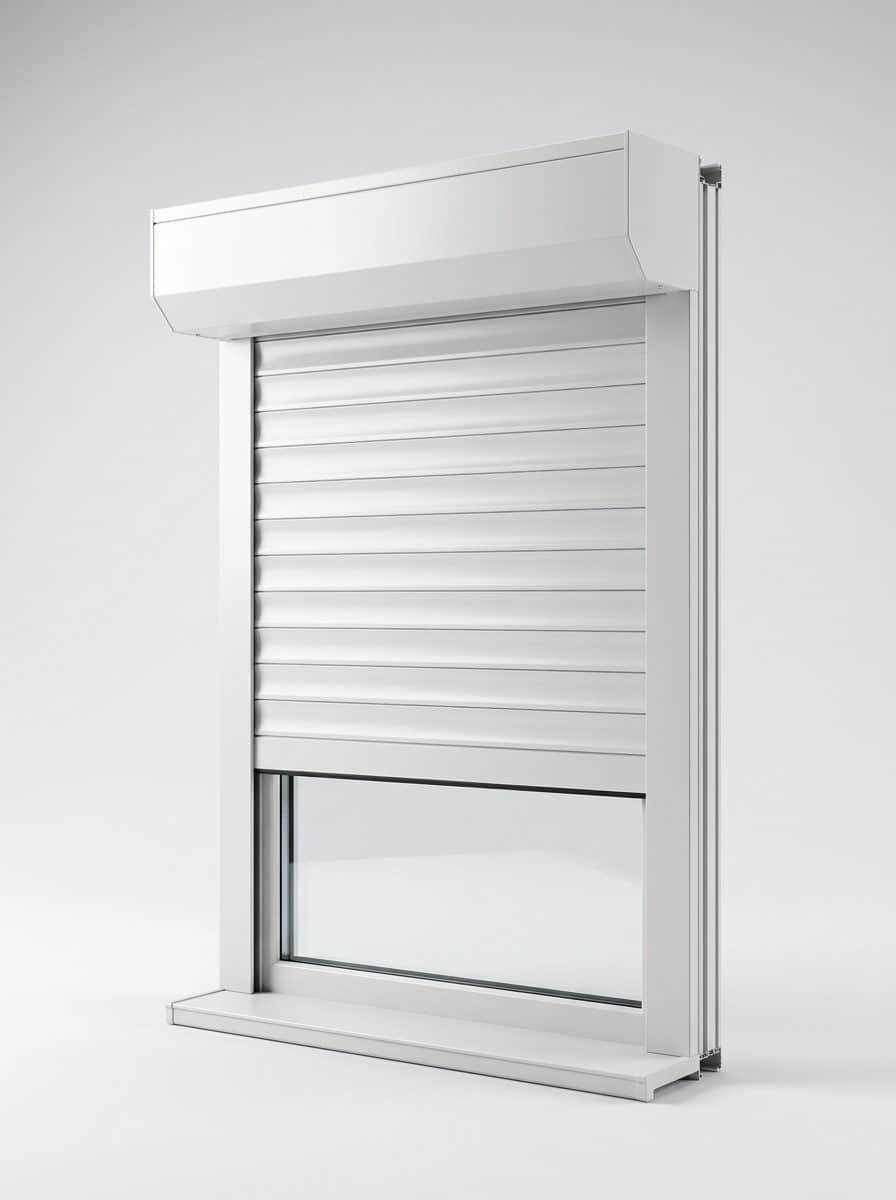 Tablier de volet roulant en lames PVC blanc et coffre monobloc vus de près