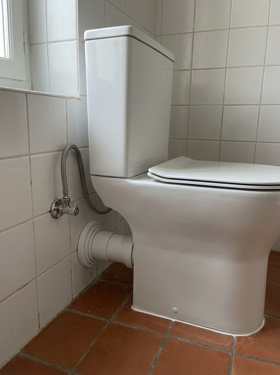 WC surélevé posé par un plombier, robinet d'arrêt et pipe d'évacuation raccordés