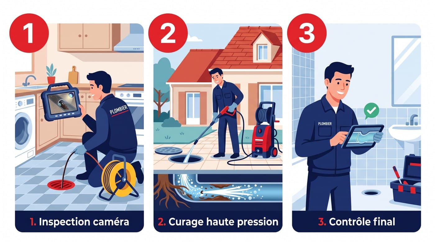 Hydrocurage : inspection caméra, curage haute pression, contrôle final