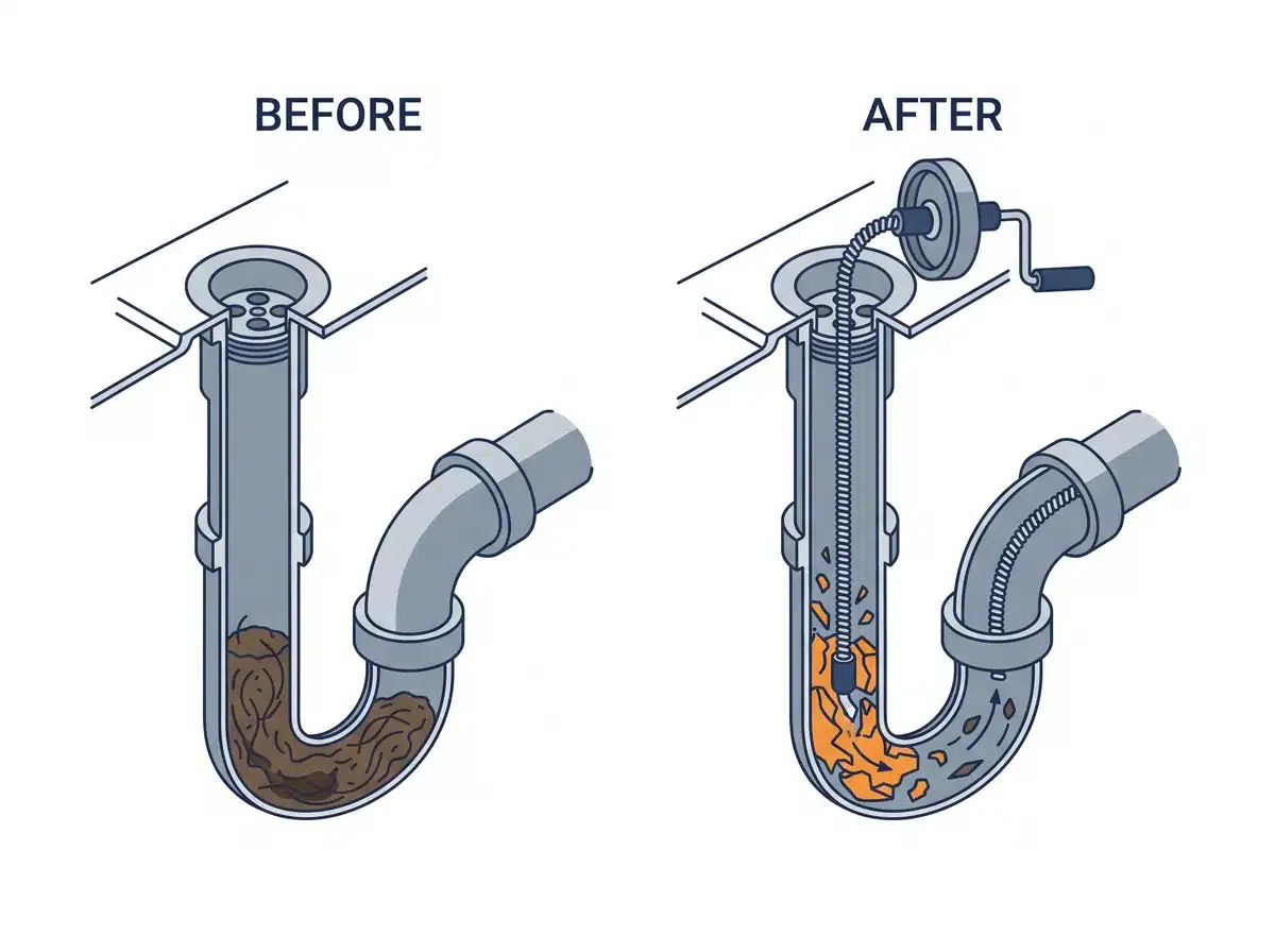 Schéma technique : le débouchage d'une canalisation par un plombier à Sin Le Noble