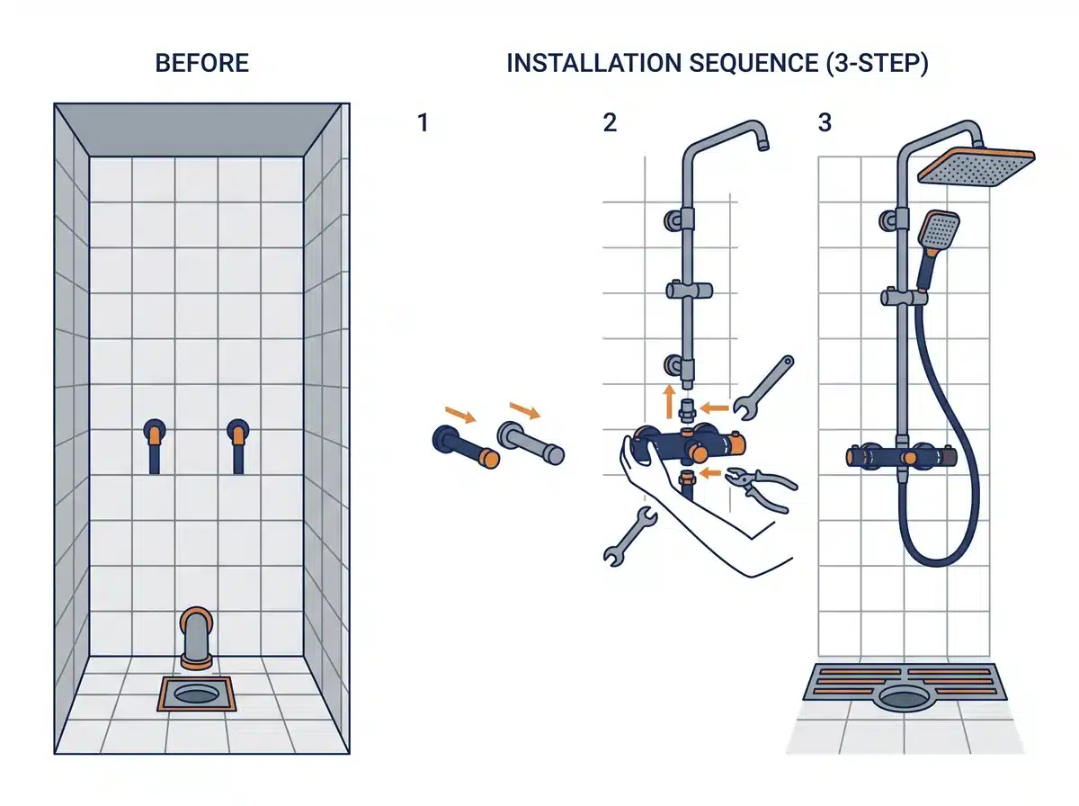 Schéma technique : l'installation d'une colonne de douche par un plombier à Marseille 5e