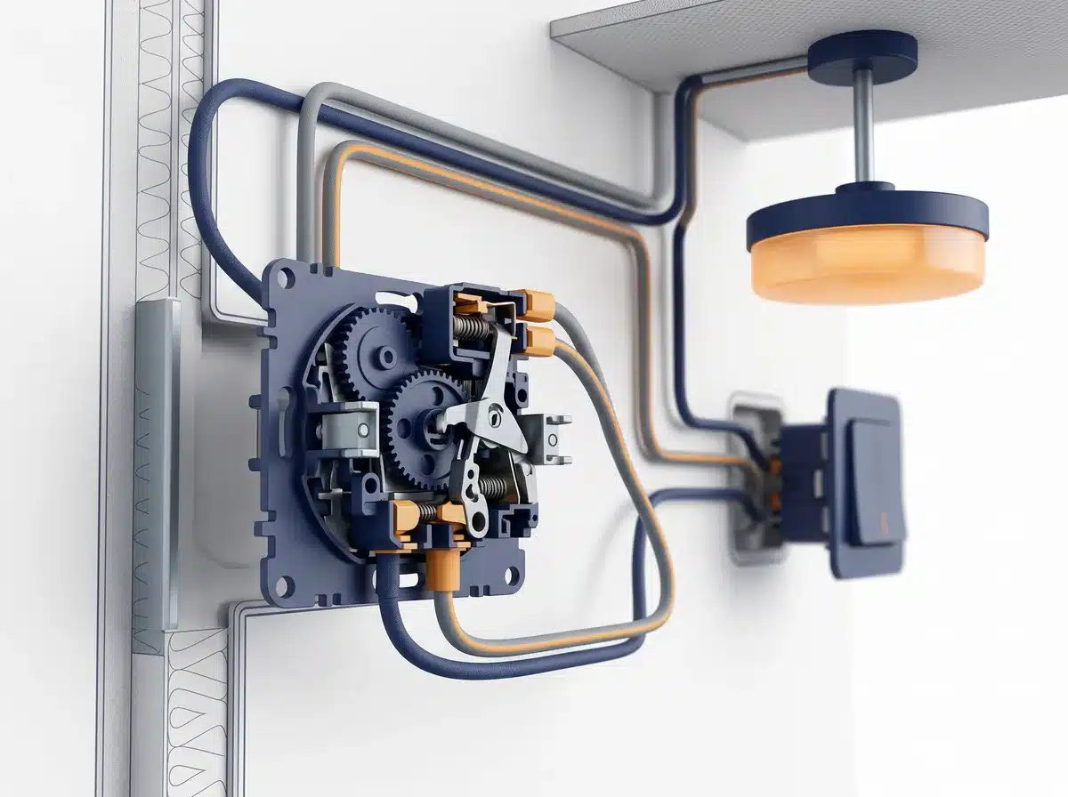 Illustration 3D : l'installation d'un va-et-vient par un électricien à Sin Le Noble