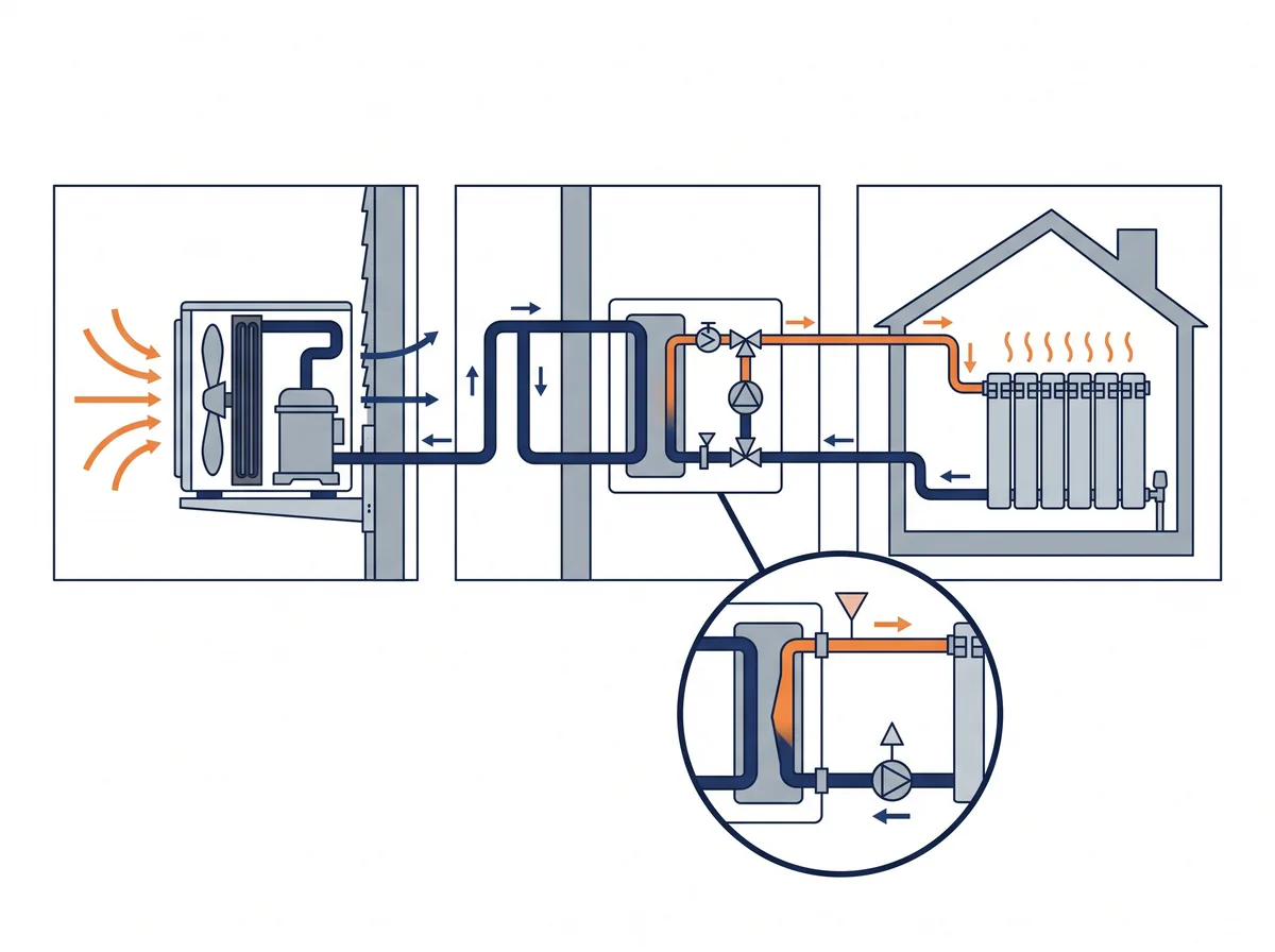 Schéma technique : l'installation d'une pompe à chaleur air-eau par un chauffagiste à Anzin