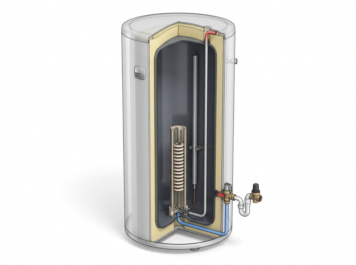 Illustration en coupe d'un chauffe-eau électrique Atlantic Zénéo montrant la cuve, la résistance, l'anode et les raccordements