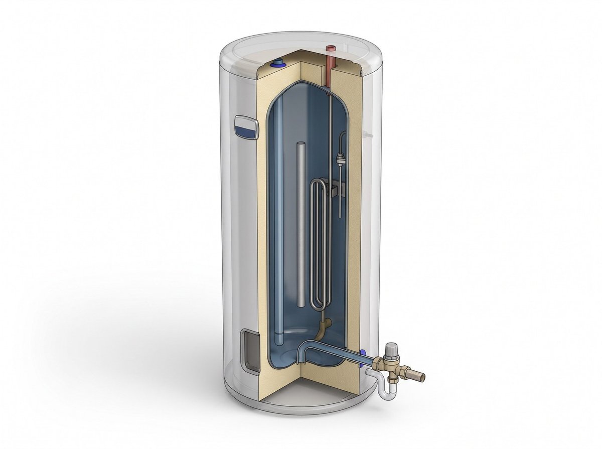 Illustration en coupe d'un chauffe-eau électrique Thermor Thermor blindé montrant la cuve, la résistance, l'anode et les raccordements