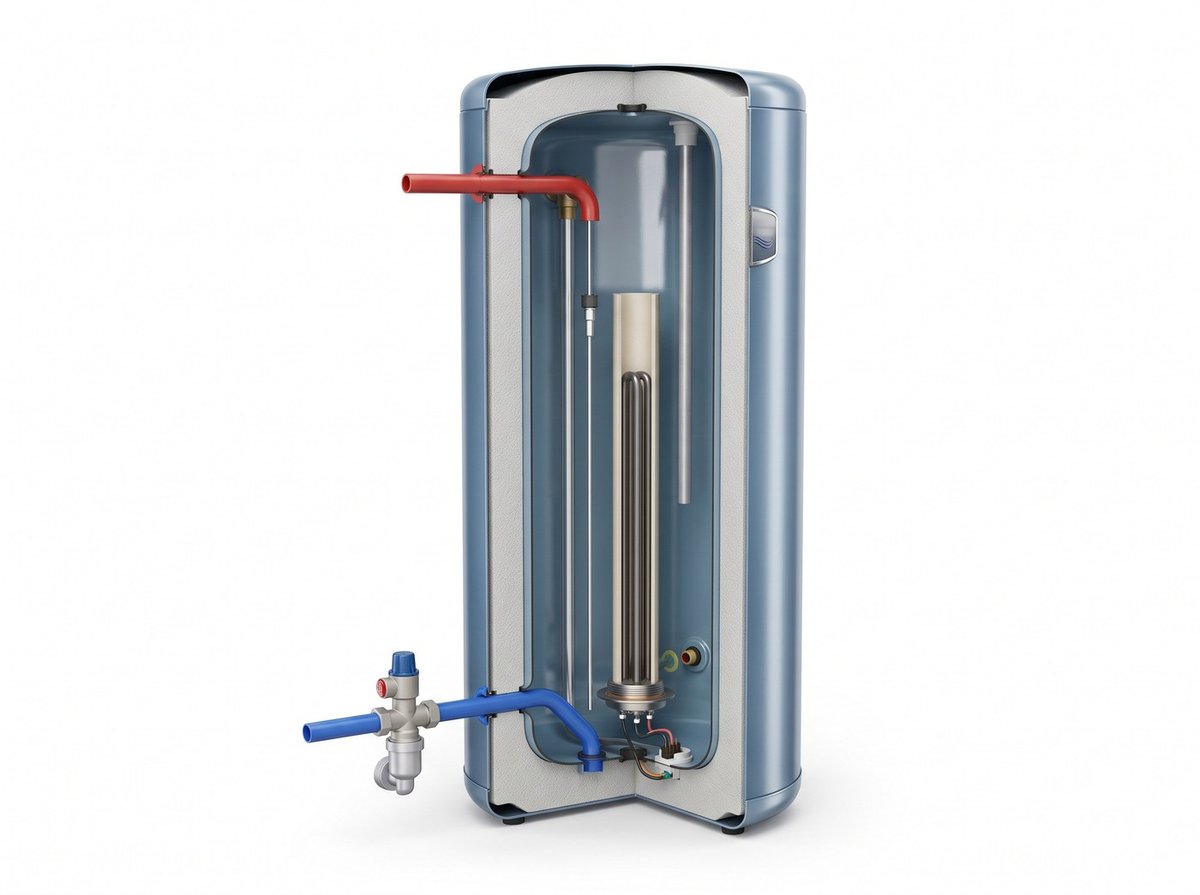 Illustration en coupe d'un chauffe-eau électrique Thermor Duralis montrant la cuve, la résistance, l'anode et les raccordements