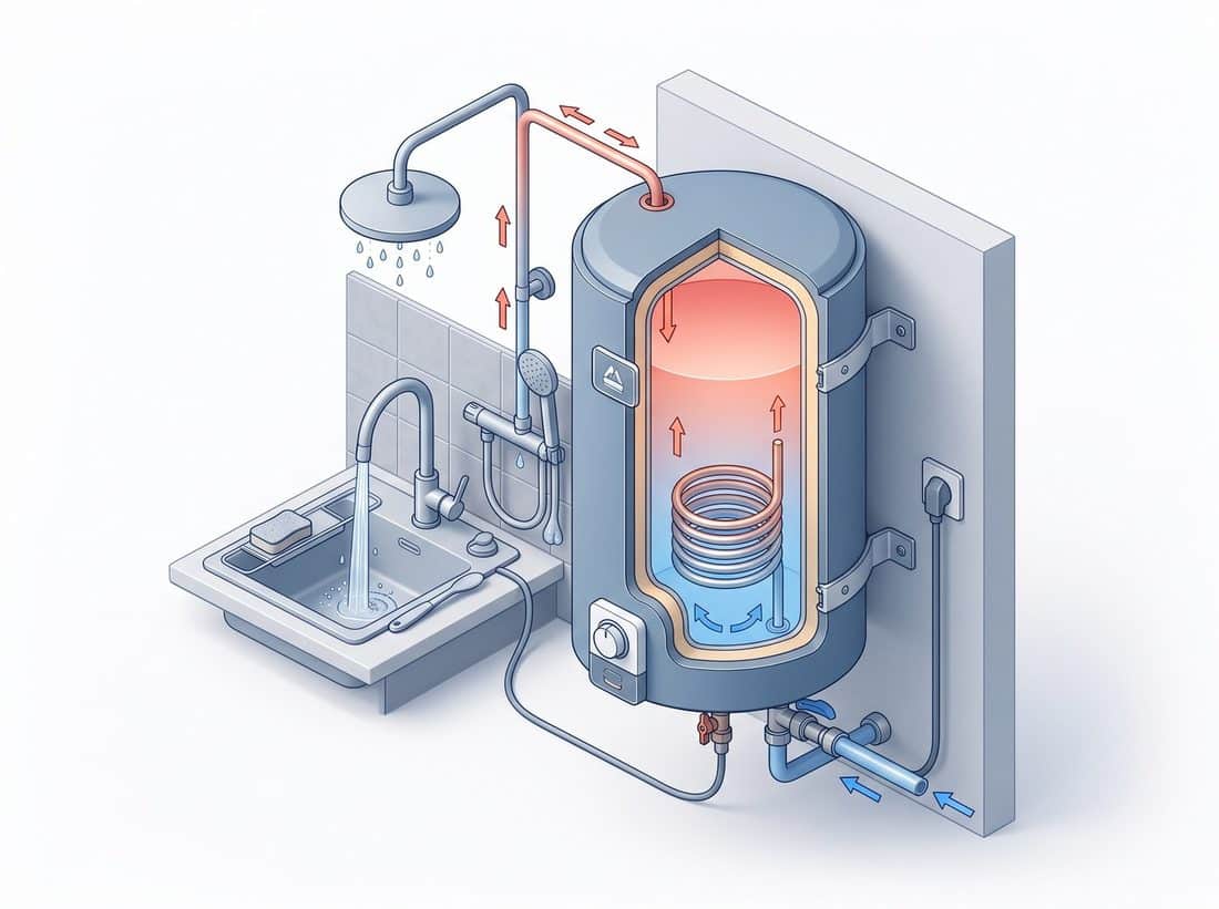 Coupe d'un chauffe-eau à accumulation avec résistance stéatite et anode ACI Hybride