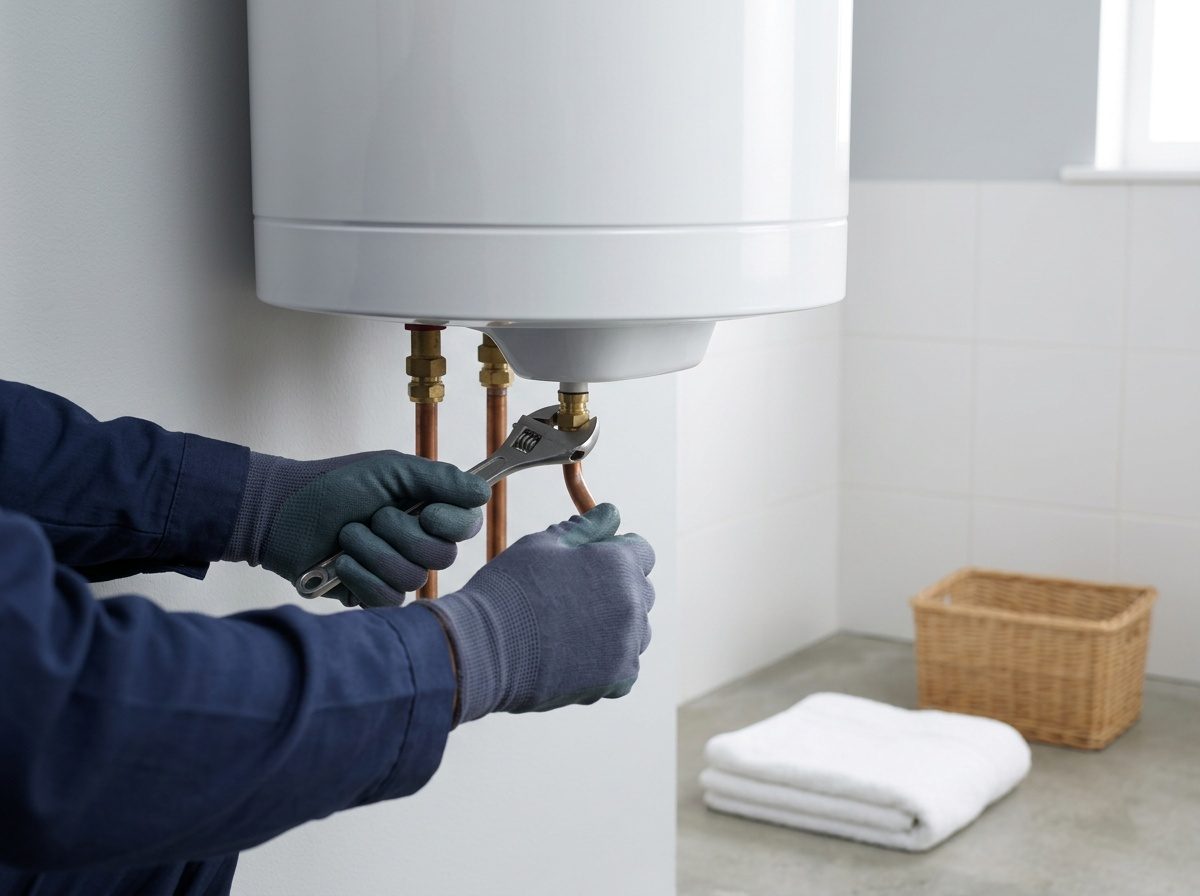 Plombier réalisant les raccordements d'un chauffe-eau électrique
