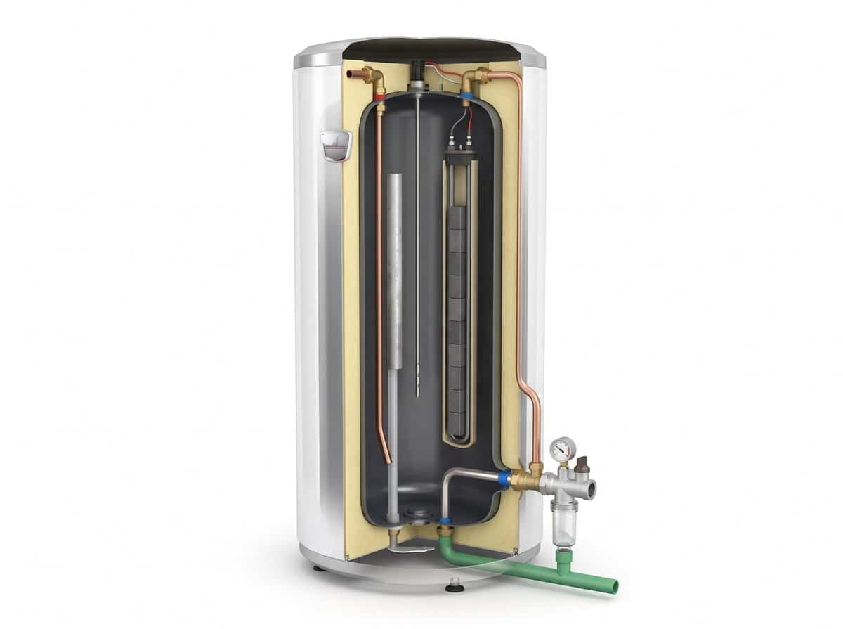 Illustration en coupe d'un chauffe-eau électrique Ariston HPC+ Xpert et Sageo Xpert montrant la cuve, la résistance, l'anode et les raccordements