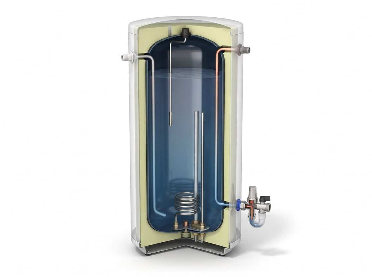 Illustration en coupe d'un chauffe-eau électrique Ariston Initio Xpert montrant la cuve, la résistance, l'anode et les raccordements