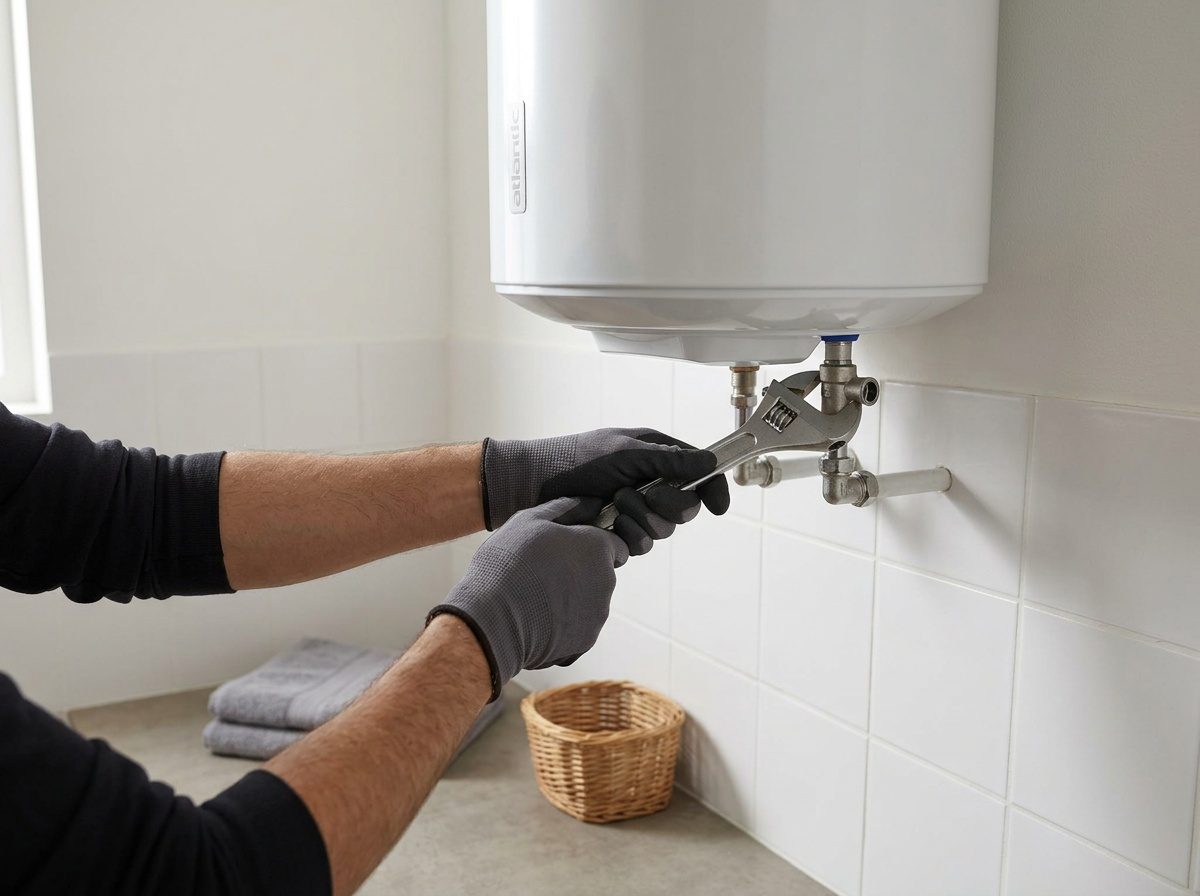 Plombier réalisant la pose d'un chauffe-eau électrique vertical mural