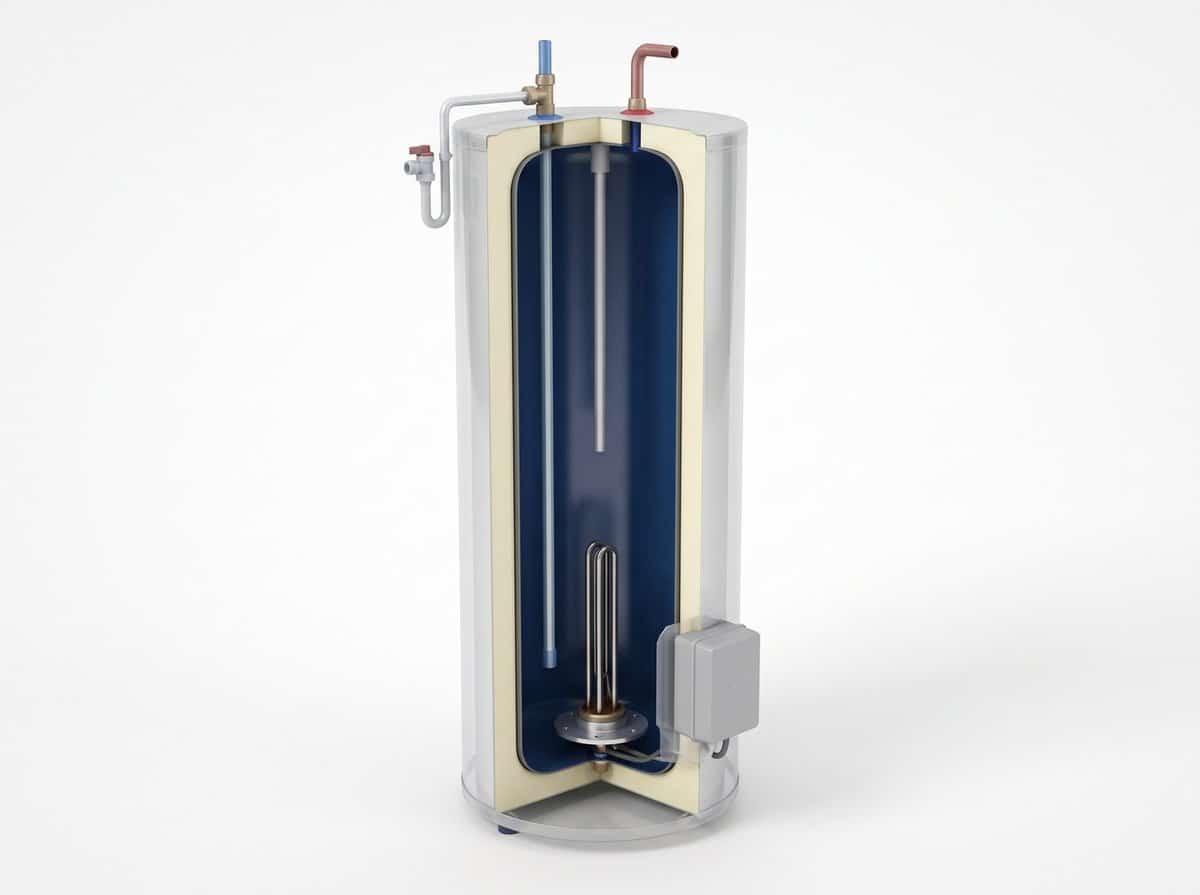 Illustration en coupe d'un chauffe-eau électrique Atlantic Chauffeo montrant la cuve, la résistance, l'anode et les raccordements