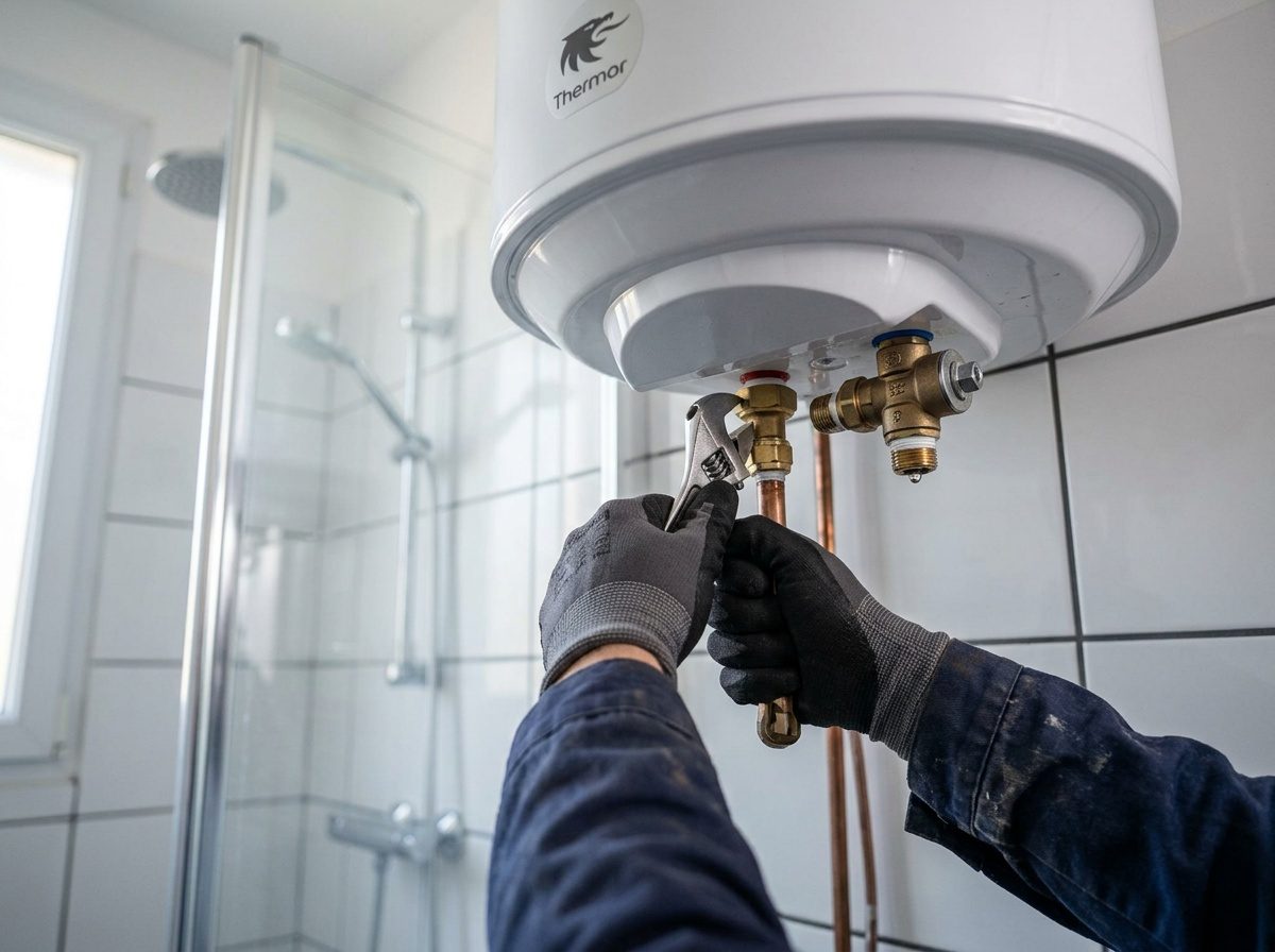 Plombier contrôlant les raccordements du chauffe-eau électrique