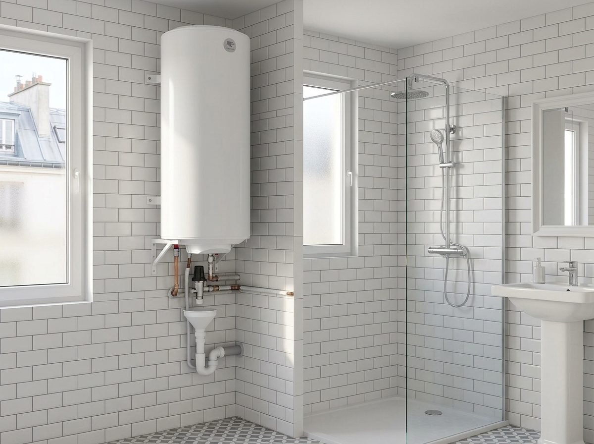 Chauffe-eau Thermor 200 L installé verticalement contre un mur