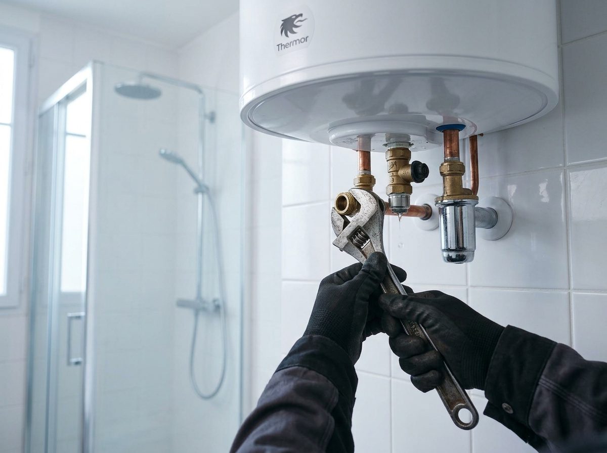 Plombier réalisant la pose d'un chauffe-eau électrique mural
