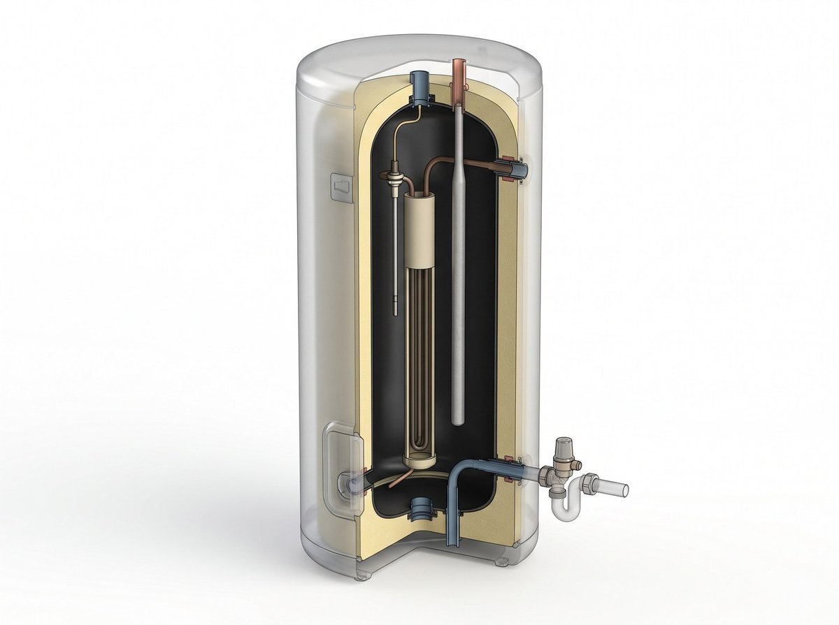 Illustration en coupe d'un chauffe-eau électrique Thermor Stéatis montrant la cuve, la résistance, l'anode et les raccordements