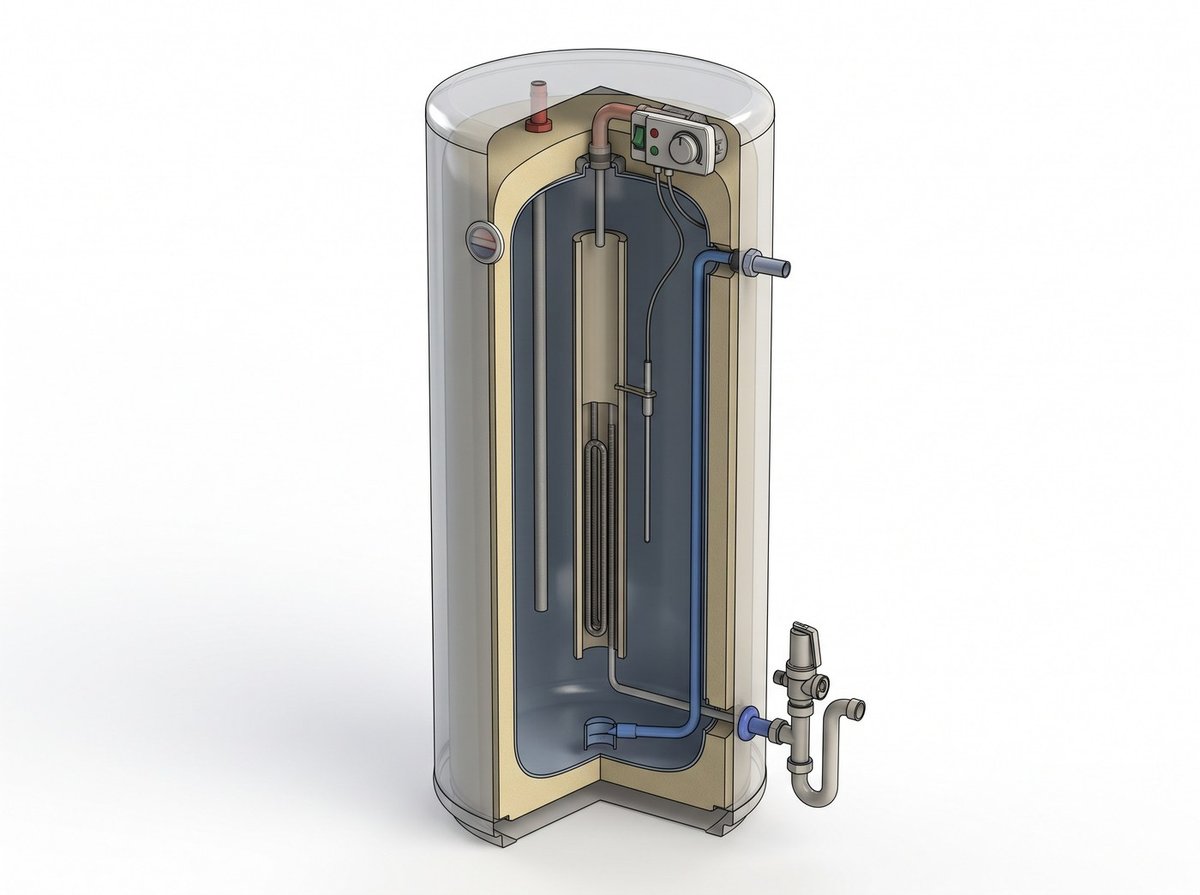 Illustration en coupe d'un chauffe-eau électrique Altech Altech stéatite montrant la cuve, la résistance, l'anode et les raccordements